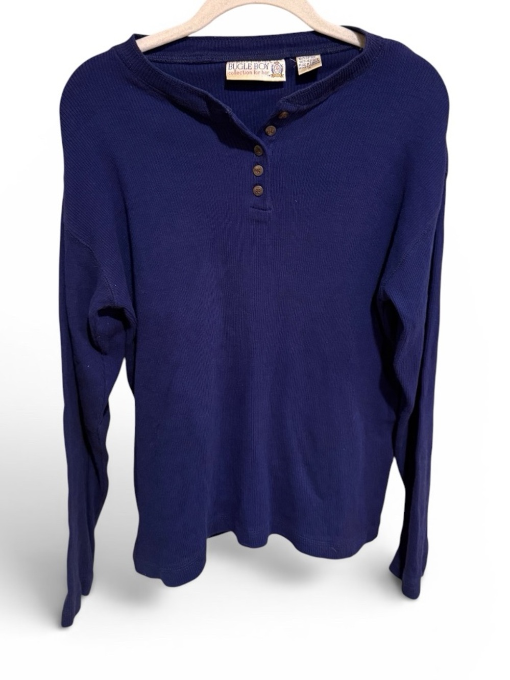 VINTAGE Bugle Boy Women's Navy V-Neck Henley Sweater - Size Medium